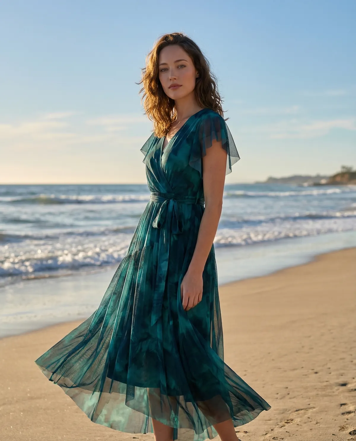 AI model wearing dress in outdoor lifestyle setting