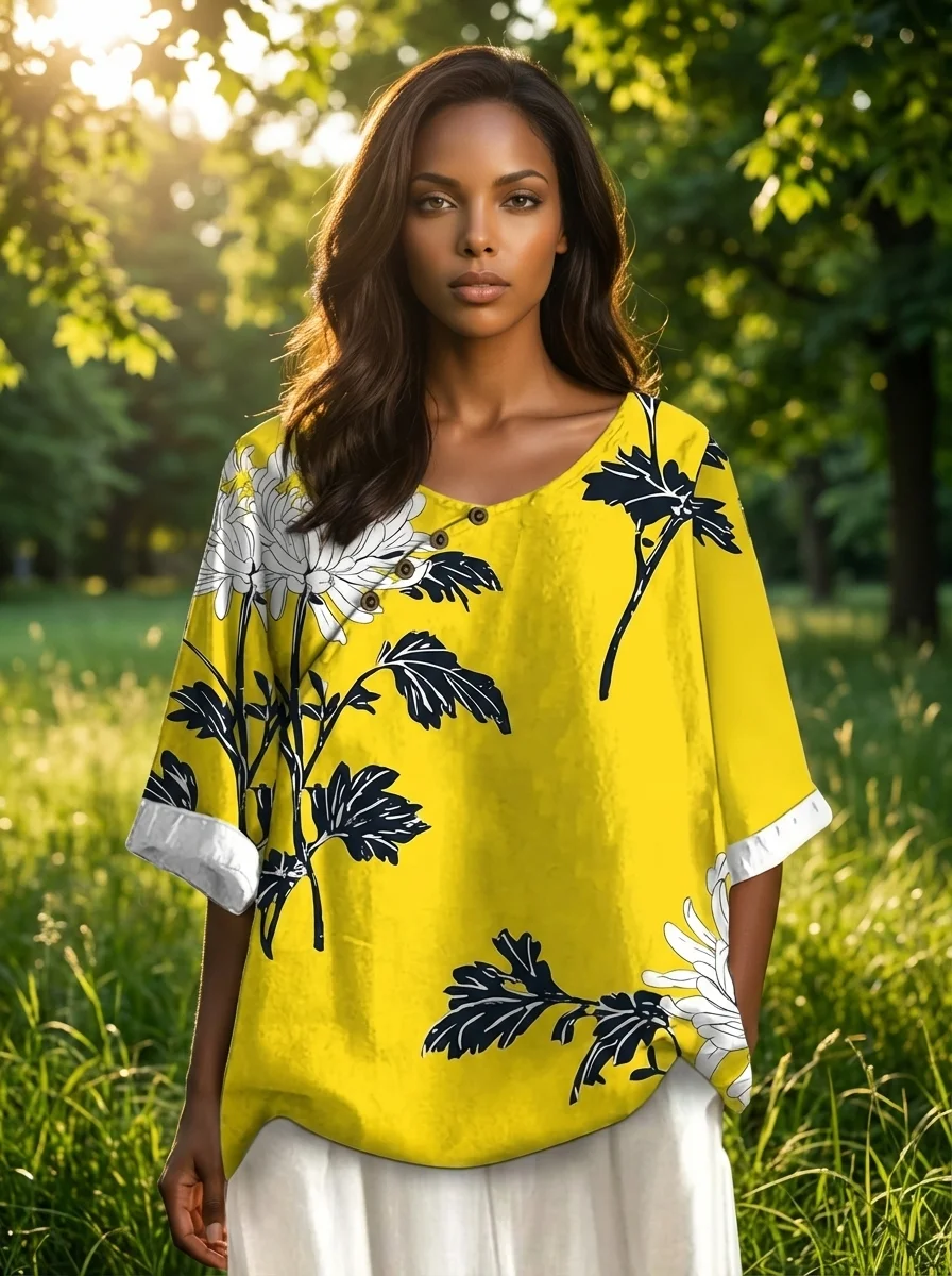 AI Virtual Finery wearing yellow floral top in outdoor setting