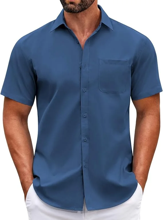 Blue button-down shirt product photo before AI modeling