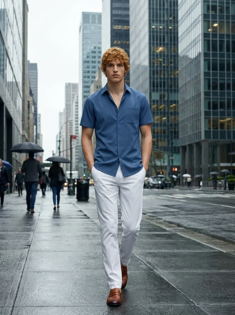 AI model wearing blue shirt in city lifestyle setting