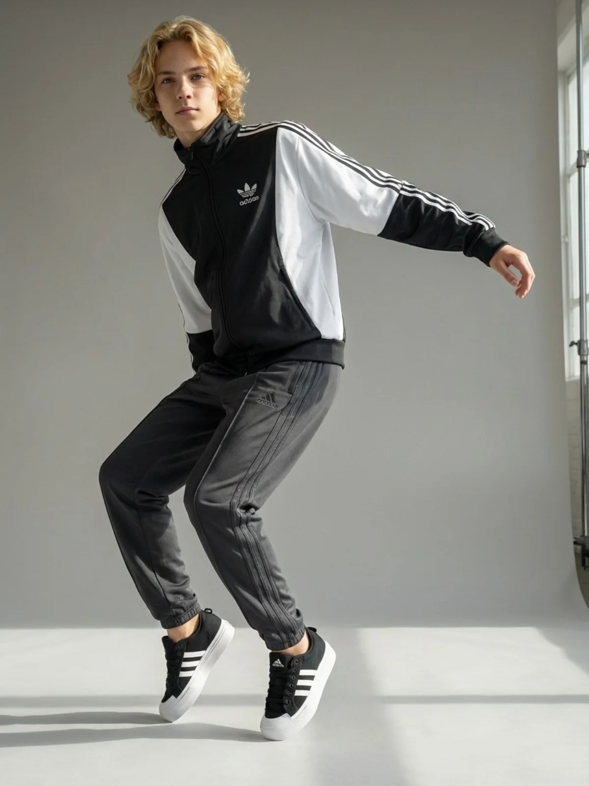 Model wearing sneakers in lifestyle setting after AI conversion