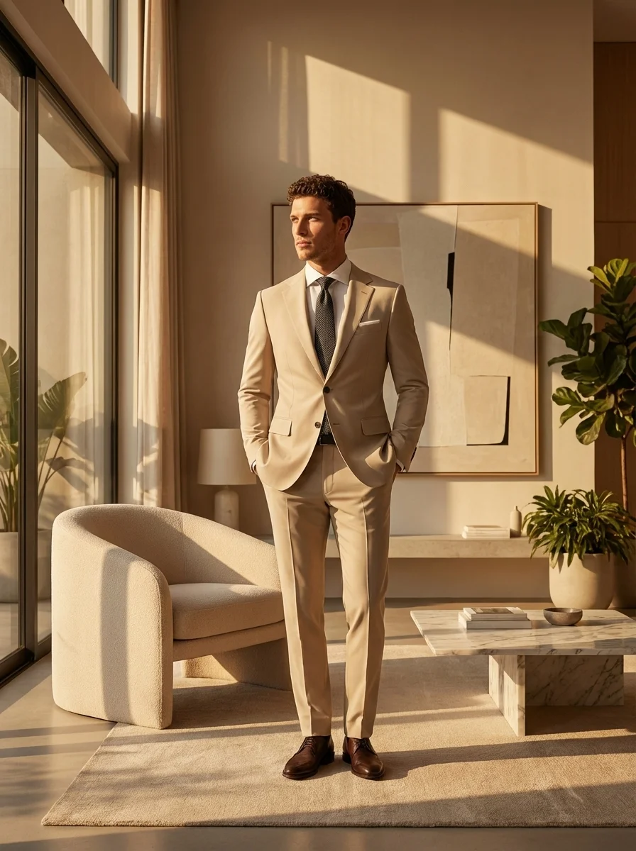 AI model wearing beige suit in luxury lifestyle setting